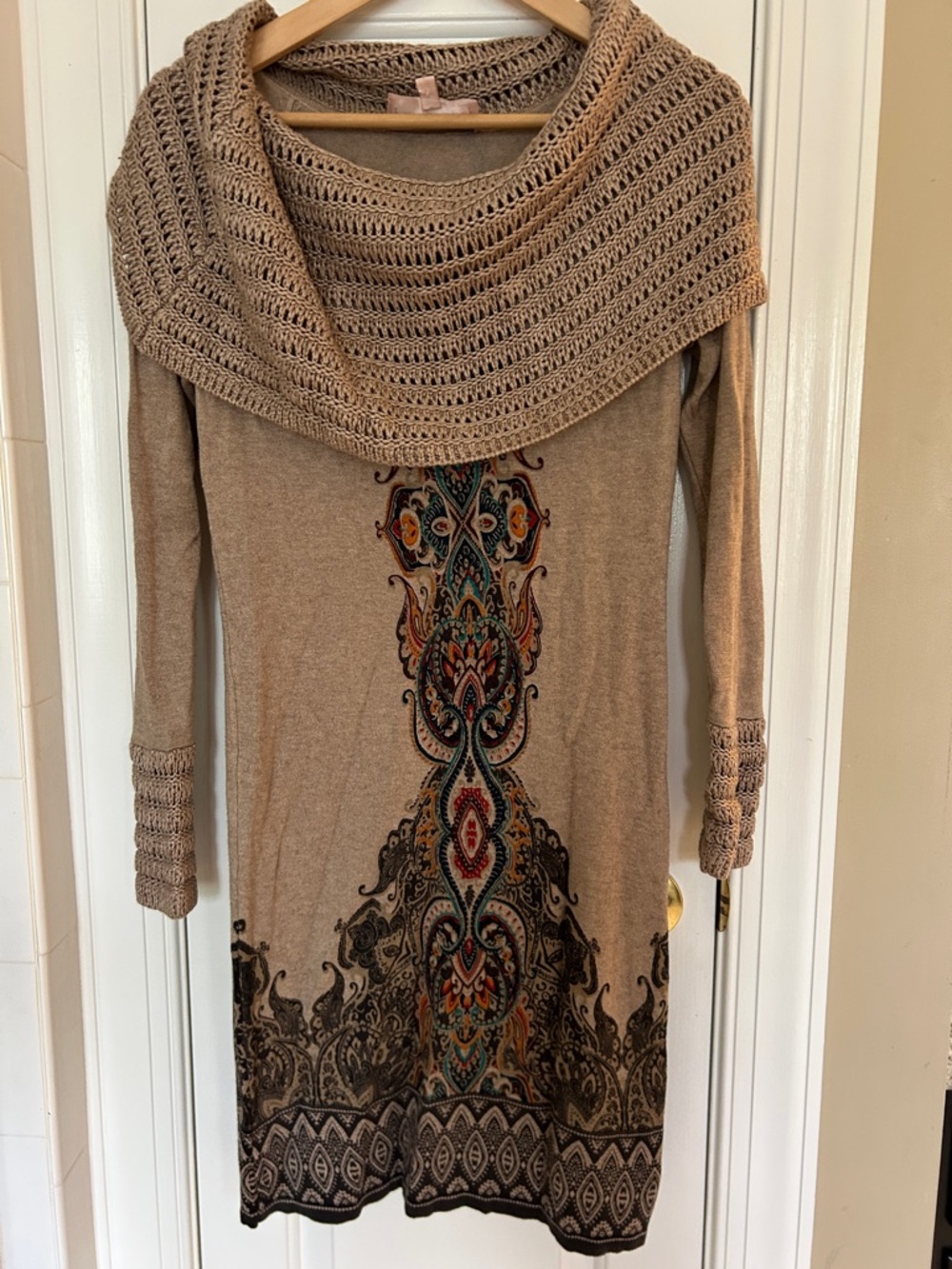 Philosophy Taupe Cowl-Neck Sweater Dress with Multicolor Paisley Panel